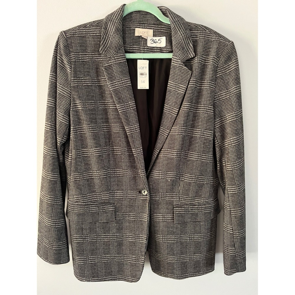 LOFT Outlet Women Black White Glen Plaid Single Button Blazer Jacket 14 NWT
